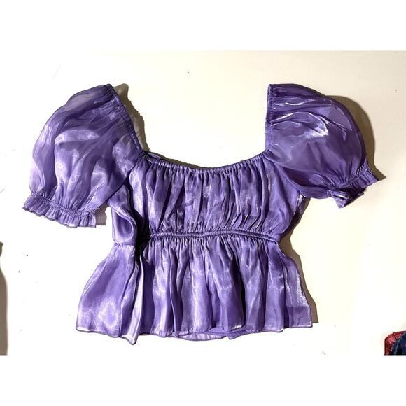 Thirty Thirty Women Purple Sheer Off Shoulder Puff Sleeve Fairycore Crop Top SM - Picture 6 of 6